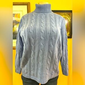 Land’s‎ End Women's Size S Blue Cable Knit Turtleneck Cotton Sweater